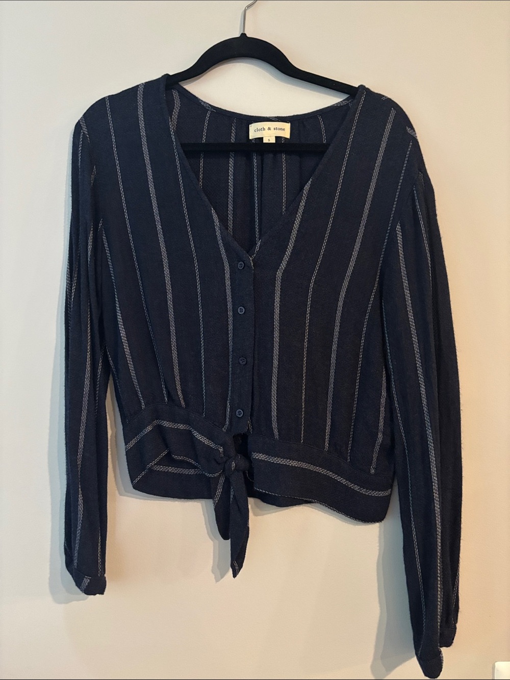 Anthropologie Navy and White Vertical Stripe Tie-Front Button Shirt